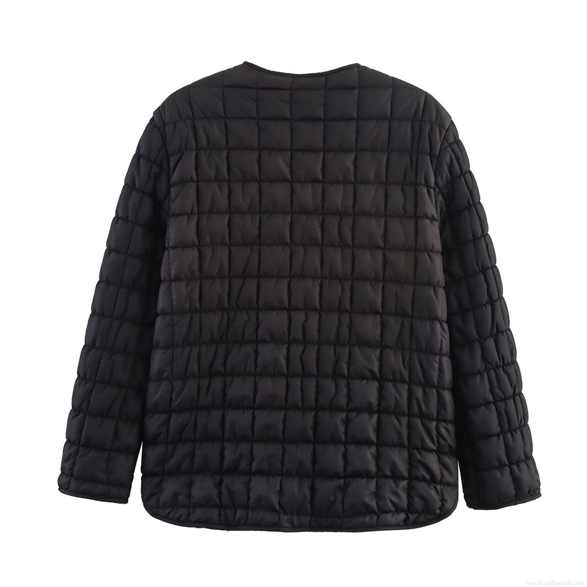 Women's Casual Quilted Cotton Jacket Lightweight Checkered Padded Coat With Pockets Single-Breasted O-Neck Outerwear Streetwear Winter Long Sleeve Polyester Jacket