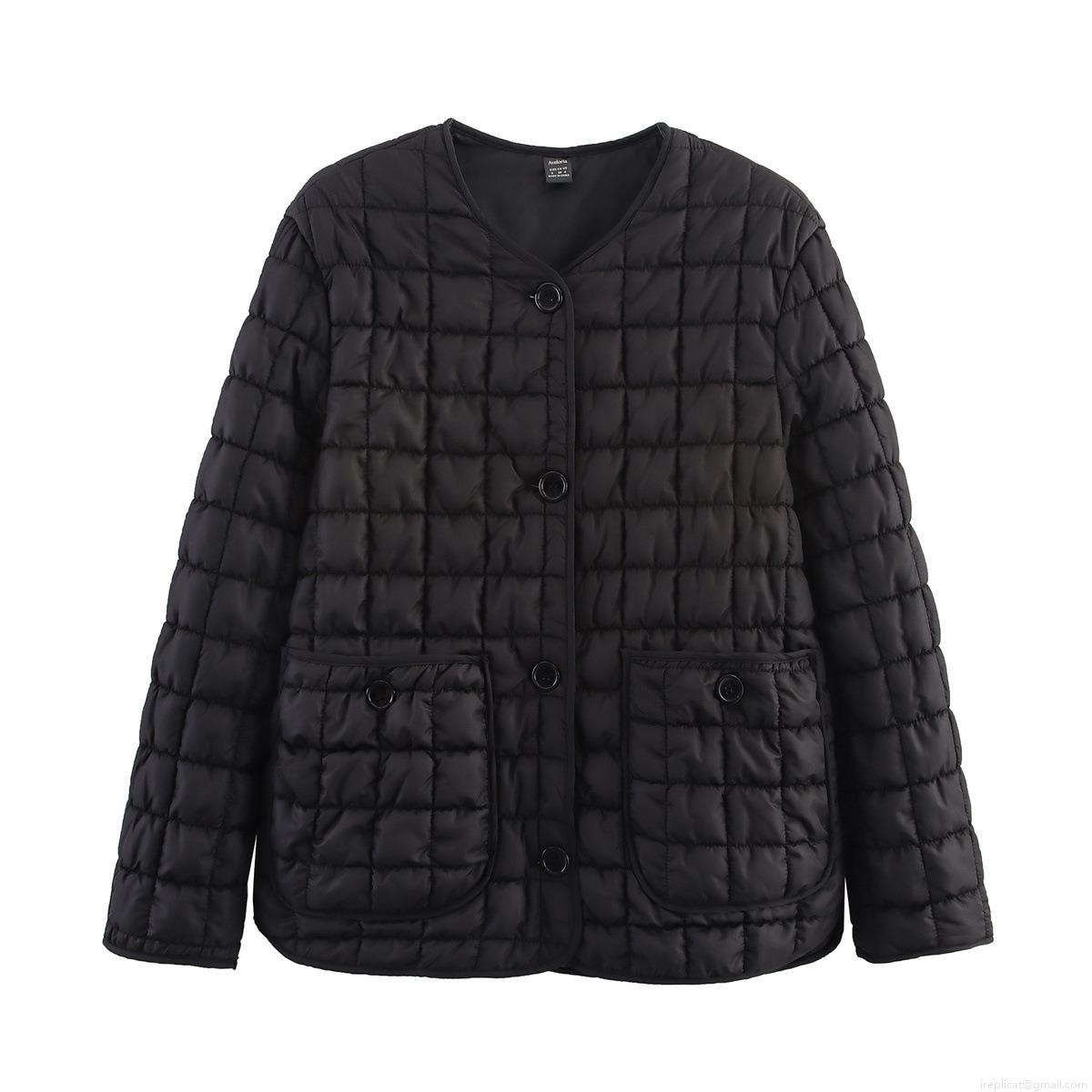 Women's Casual Quilted Cotton Jacket Lightweight Checkered Padded Coat With Pockets Single-Breasted O-Neck Outerwear Streetwear Winter Long Sleeve Polyester Jacket