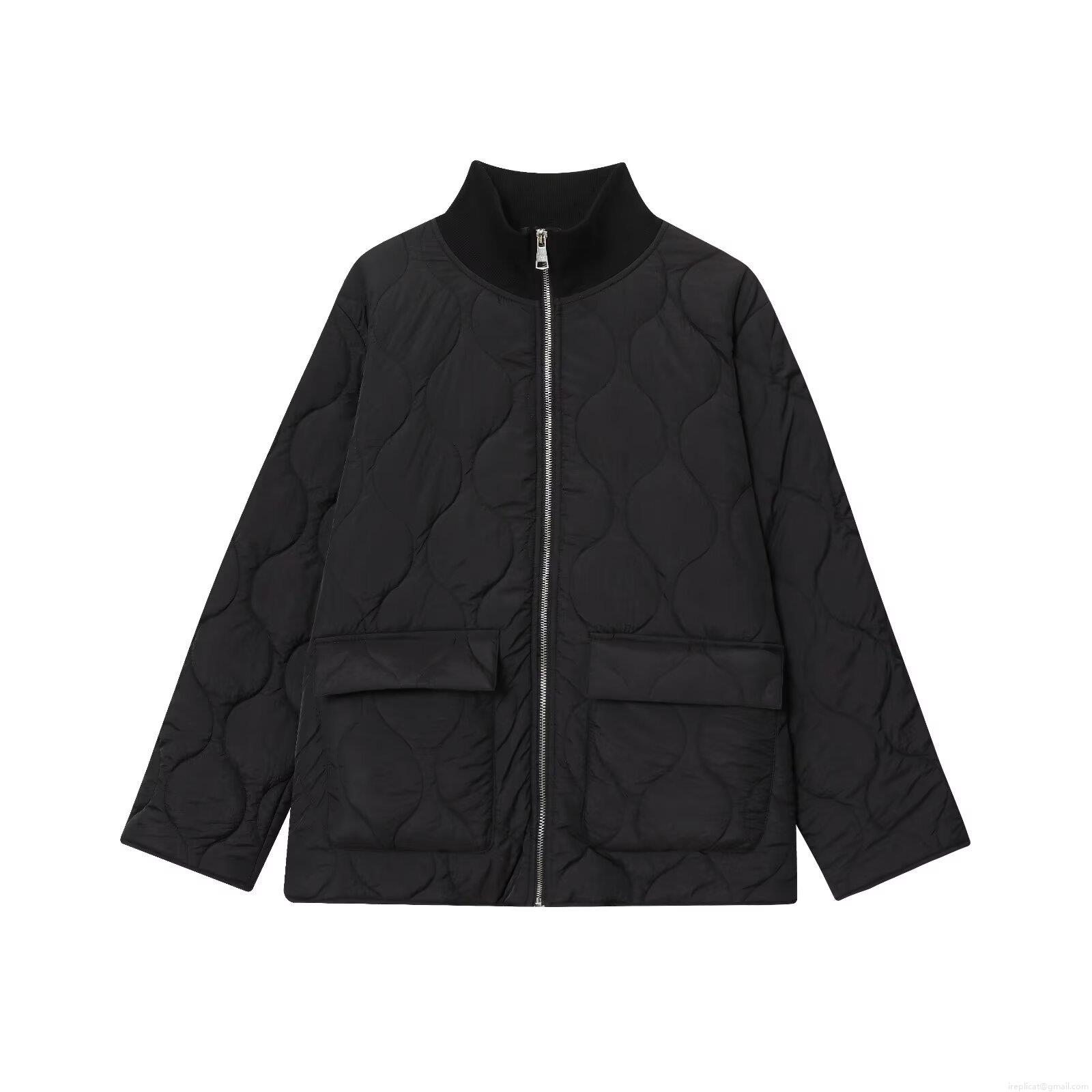 Women's European American Style Quilted Padded Jacket Vintage Stand Collar Long Sleeve Zipper Loose Outerwear With Pockets For Autumn Winter Casual Streetwear