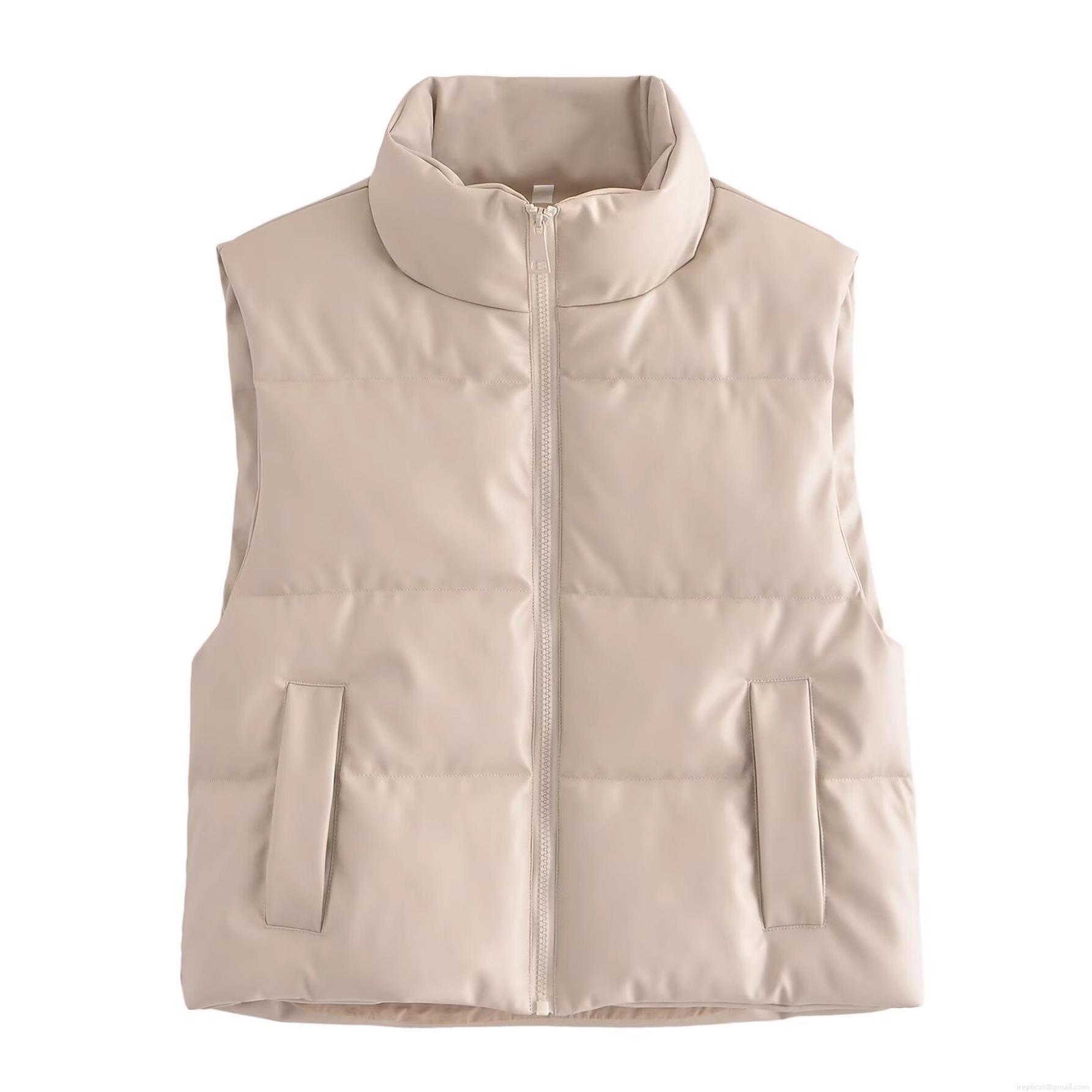 Women's Stand Collar PU Leather Quilted Vest Puffer Waistcoat Sleeveless Jacket Outerwear Autumn Winter Warm Streetwear Casual Zip Up Solid Color Short Gilet