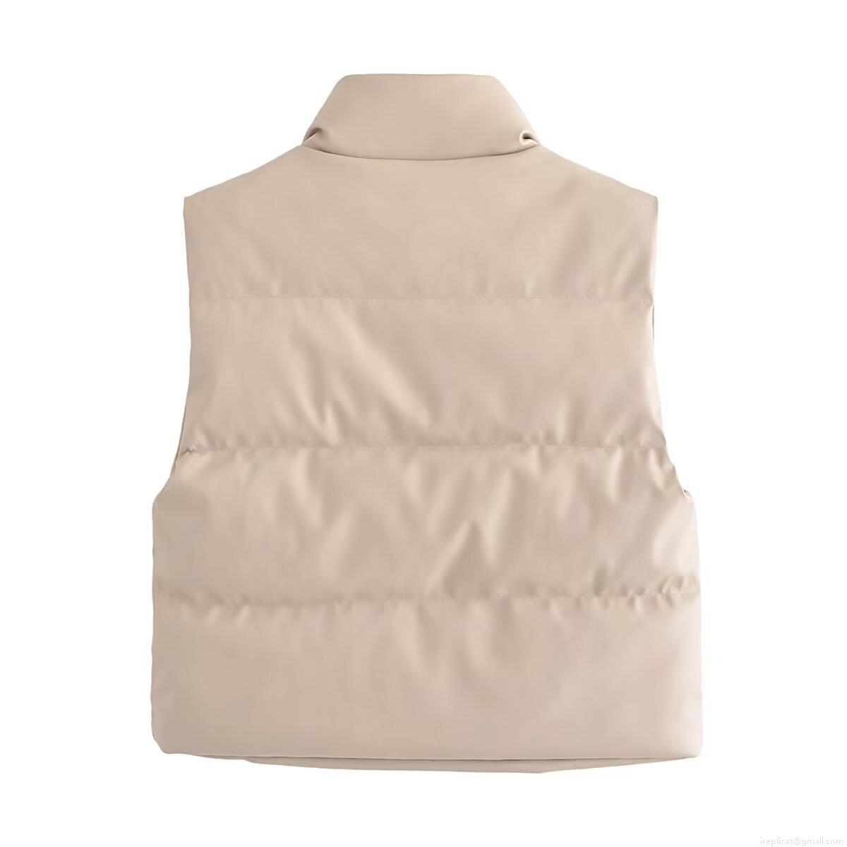 Women's Stand Collar PU Leather Quilted Vest Puffer Waistcoat Sleeveless Jacket Outerwear Autumn Winter Warm Streetwear Casual Zip Up Solid Color Short Gilet