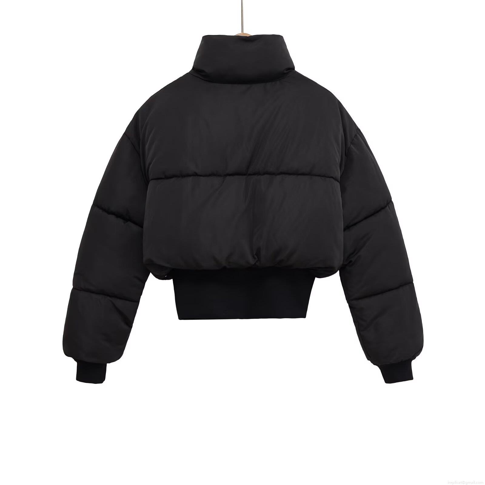 Women's Cropped Puffer Jacket Stand Collar Long Sleeve Quilted Cotton-padded Outerwear Loose Polyester Zipper Coat Streetwear Autumn Winter