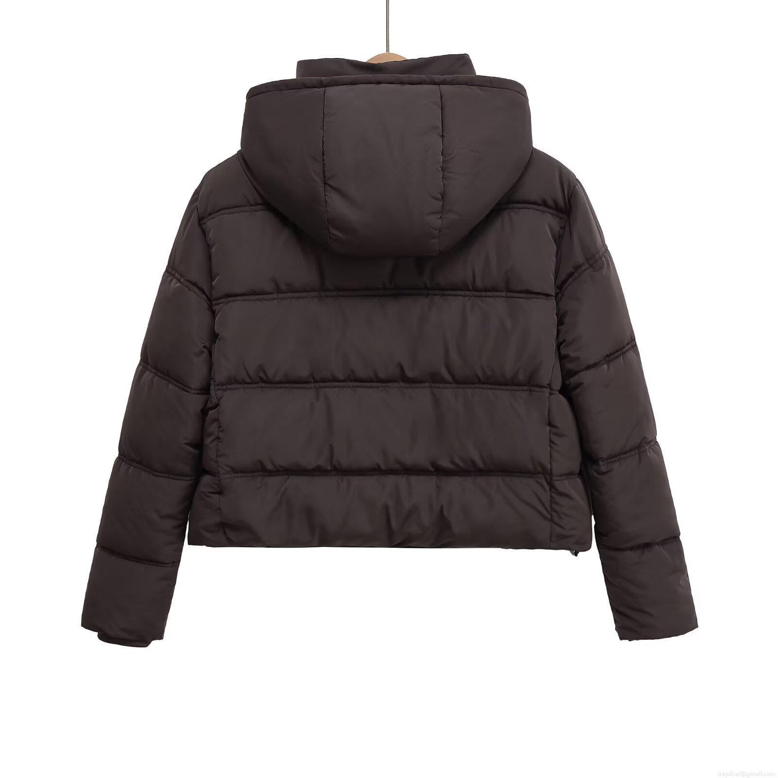 Women's Espresso Brown Hooded Padded Jacket Horizontal Quilted Zip Up Long Sleeve Warm Winter Puffer Coat With Drawstring Hood Ribbed Cuffs Casual Streetwear Outdoor Outerwear