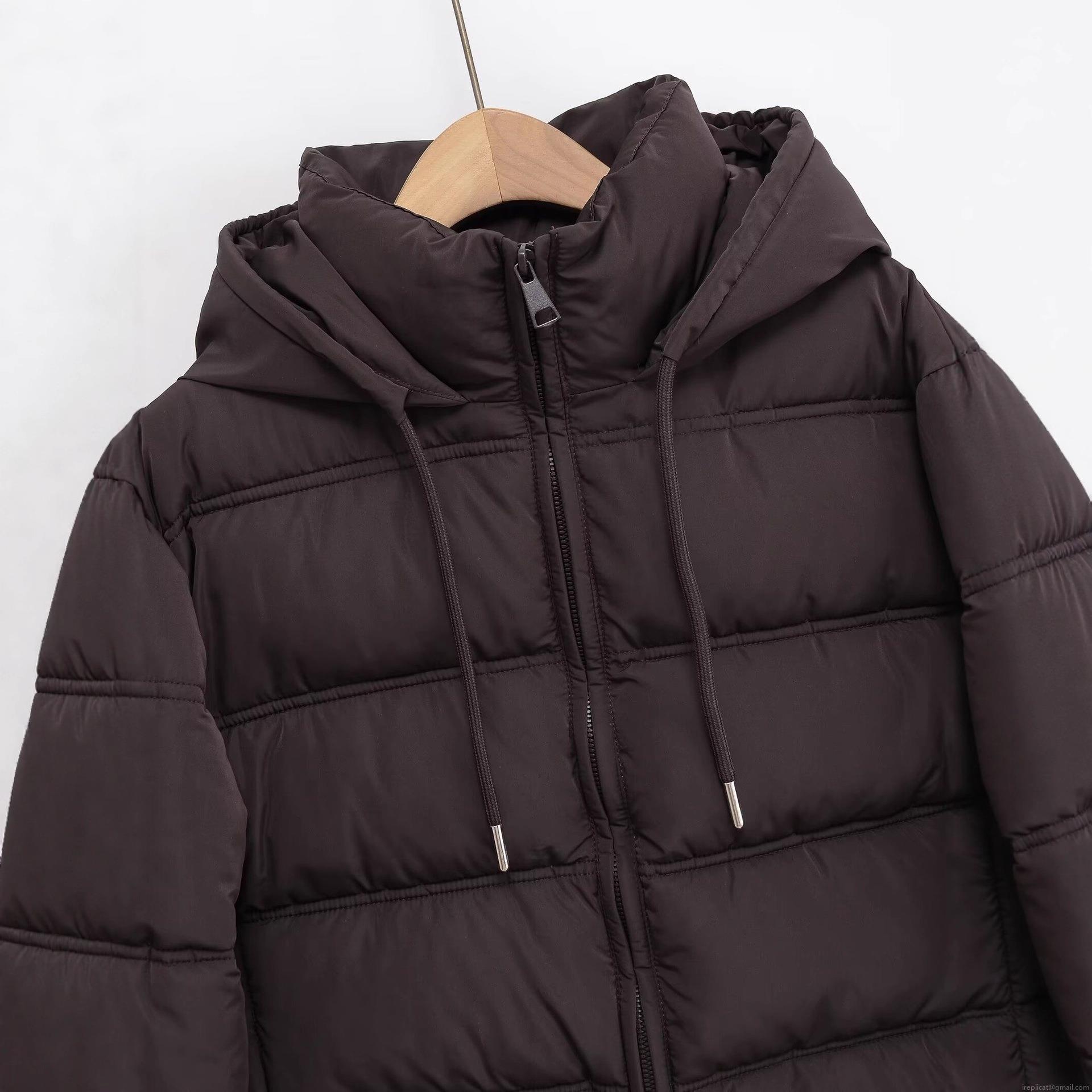 Women's Espresso Brown Hooded Padded Jacket Horizontal Quilted Zip Up Long Sleeve Warm Winter Puffer Coat With Drawstring Hood Ribbed Cuffs Casual Streetwear Outdoor Outerwear