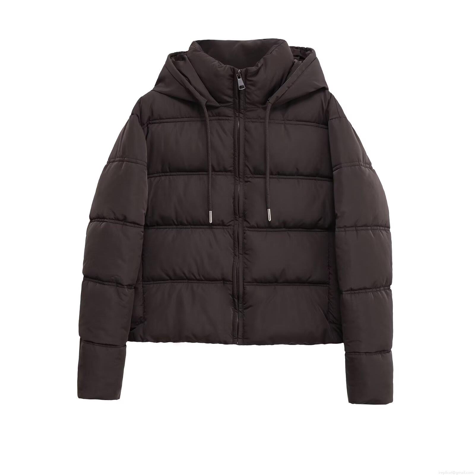 Women's Espresso Brown Hooded Padded Jacket Horizontal Quilted Zip Up Long Sleeve Warm Winter Puffer Coat With Drawstring Hood Ribbed Cuffs Casual Streetwear Outdoor Outerwear