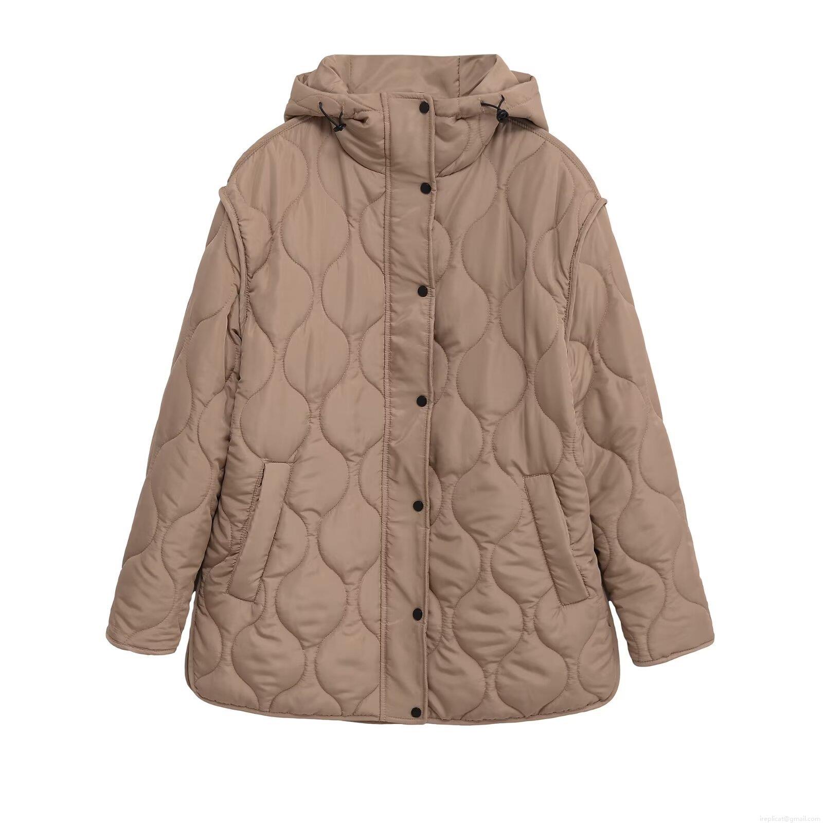 Women's Mid-Length Hooded Quilted Padded Jacket Loose Fit Polyester Winter Coat Solid Color Warm Windproof Outerwear with Pockets for Casual Daily Wear