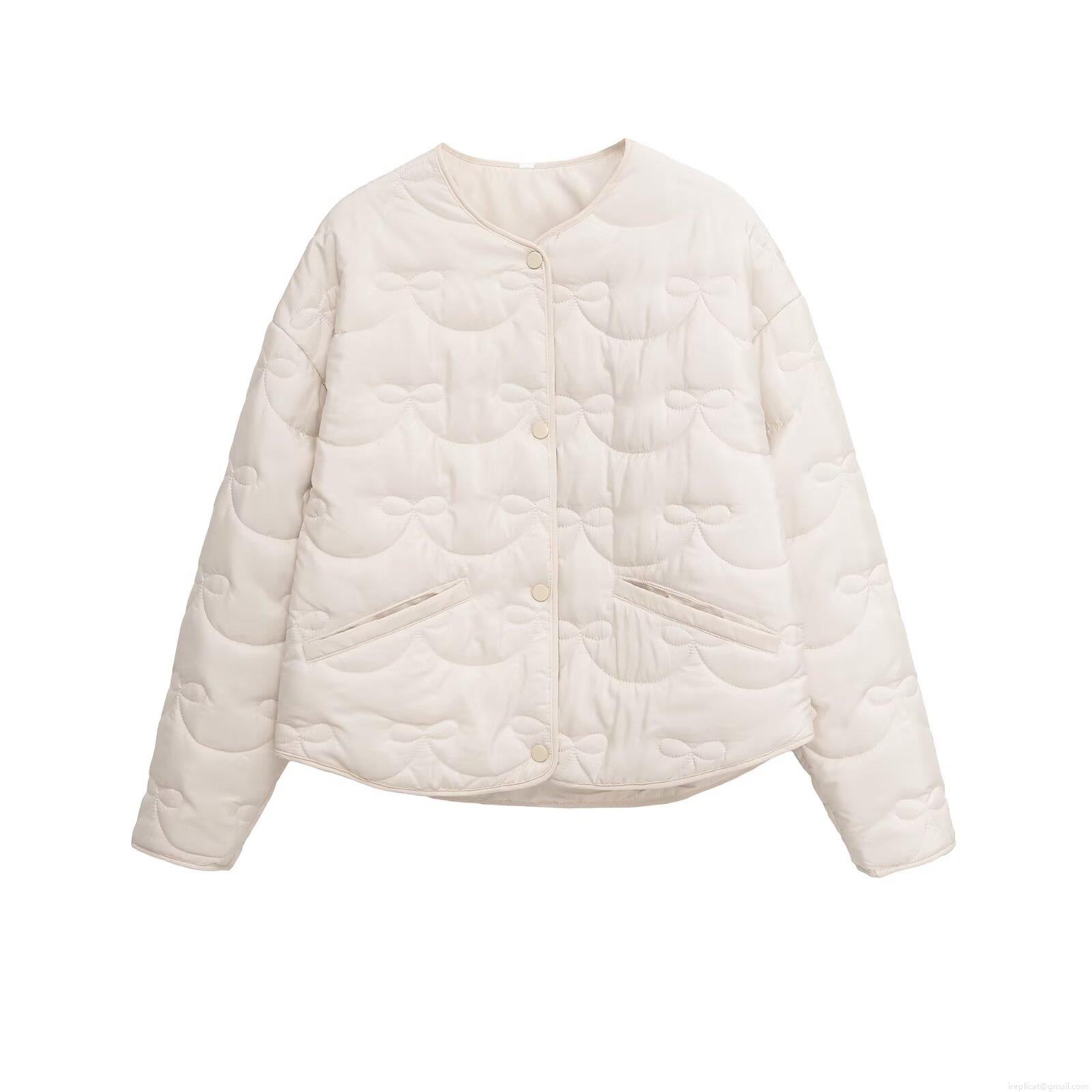 Women's Autumn Winter Bow Knot Pattern Quilted Jacket Casual Crew Neck Single Breasted Lightweight Puffer Cotton Coat Streetwear Outerwear For Women