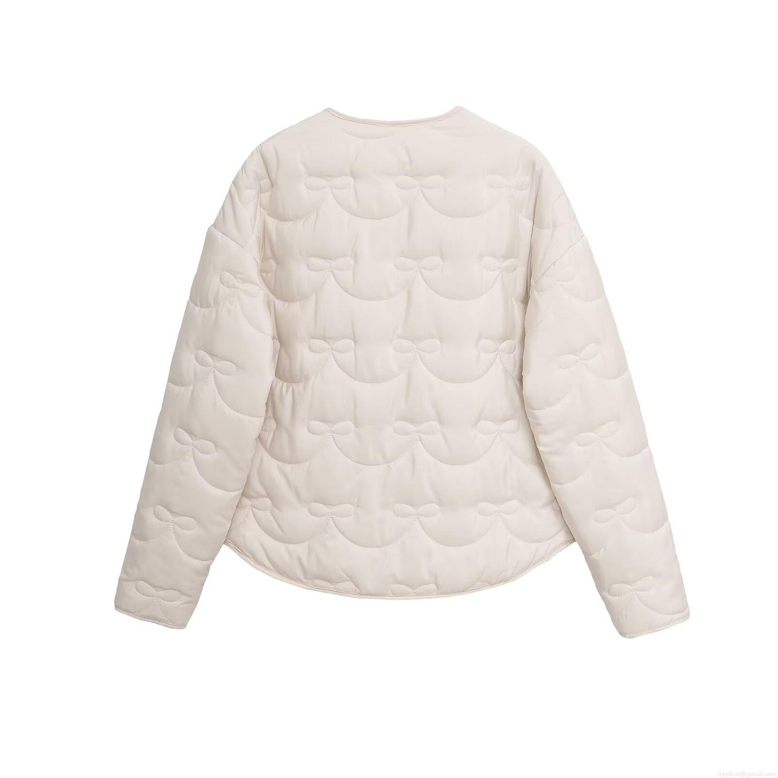 Women's Autumn Winter Bow Knot Pattern Quilted Jacket Casual Crew Neck Single Breasted Lightweight Puffer Cotton Coat Streetwear Outerwear For Women