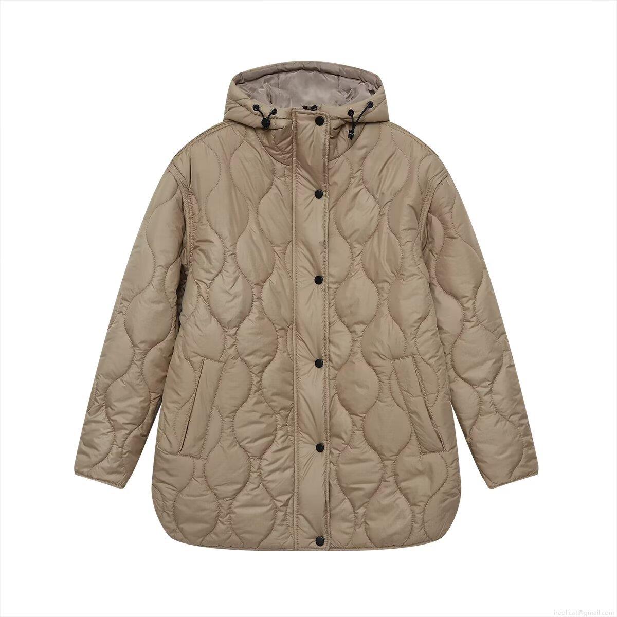 Women's Casual Hooded Quilted Jacket Polyester Padded Warm Onion Quilted Outerwear Loose Fit Single Breasted Mid-Length Coat For Autumn Winter