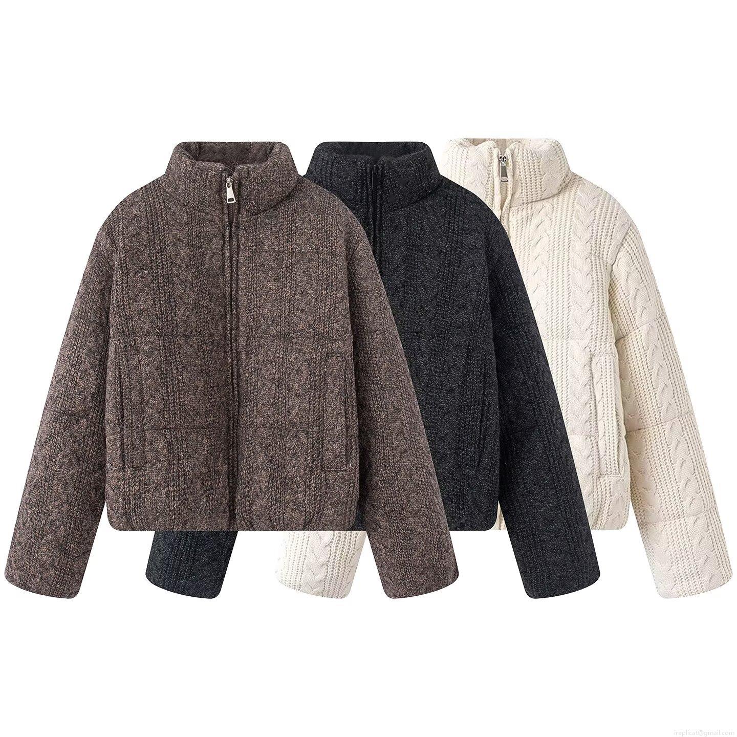 Women Stand Collar Puffer Jacket Knit Patchwork Cable Knit Padded Coat Winter Warm Streetwear Zipper Outerwear Long Sleeve For Women