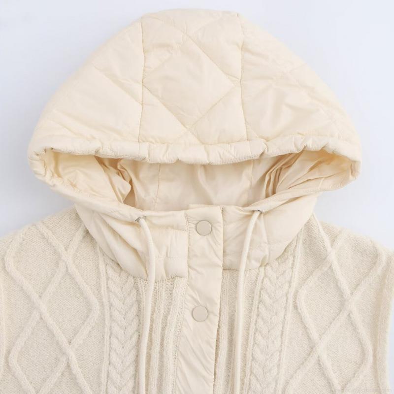 Women Retro Cable Knit Padded Spliced Hooded Vest Cardigan Winter Warm Diamond Quilted Knitwear Gilet Sleeveless Jacket For Women