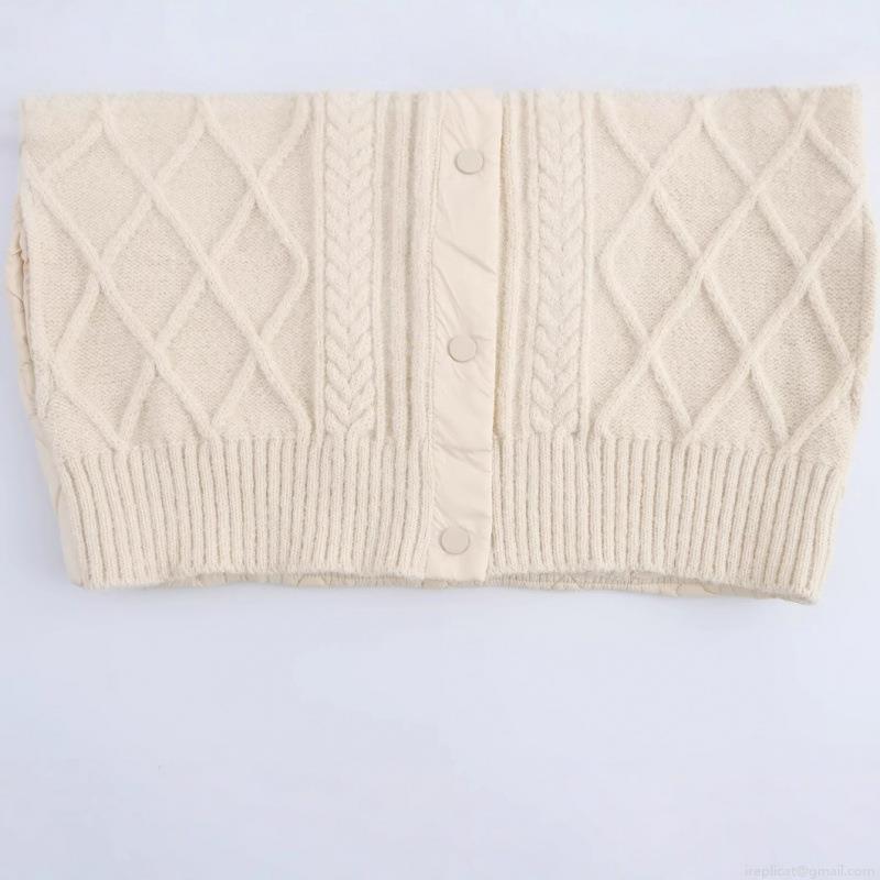Women Retro Cable Knit Padded Spliced Hooded Vest Cardigan Winter Warm Diamond Quilted Knitwear Gilet Sleeveless Jacket For Women
