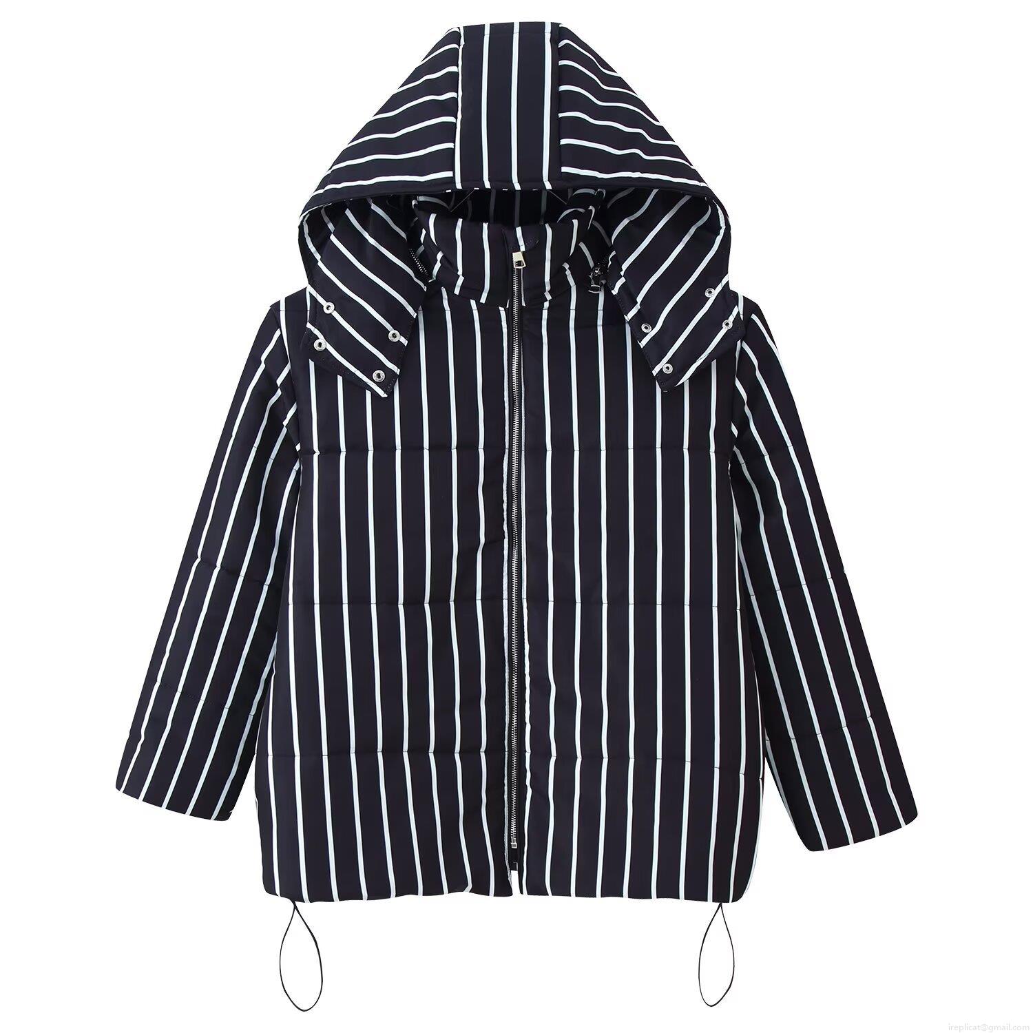 Women's Striped Hooded Padded Jacket Windproof Warm Polyester Outerwear For Autumn Winter Streetwear Casual Padded Coat With Drawstring