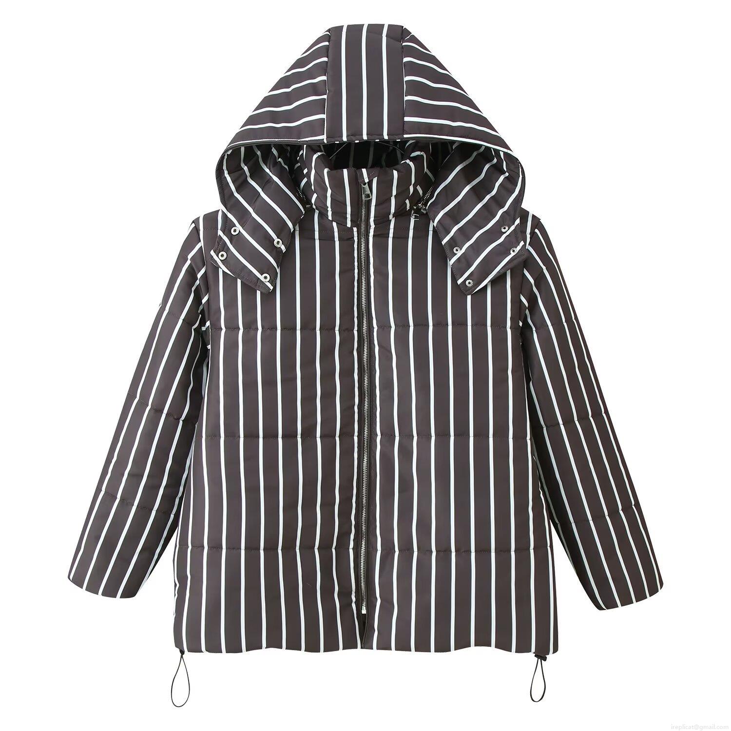 Women's Striped Hooded Padded Jacket Windproof Warm Polyester Outerwear For Autumn Winter Streetwear Casual Padded Coat With Drawstring
