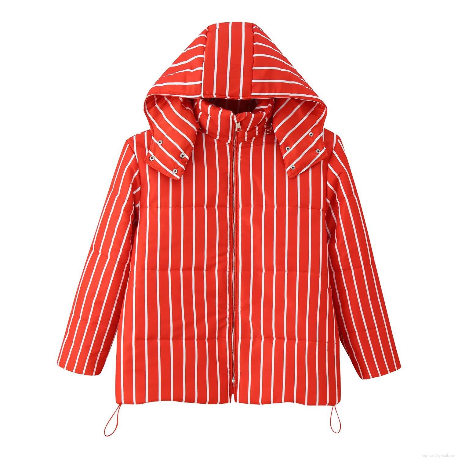 Women's Striped Hooded Padded Jacket Windproof Warm Polyester Outerwear For Autumn Winter Streetwear Casual Padded Coat With Drawstring