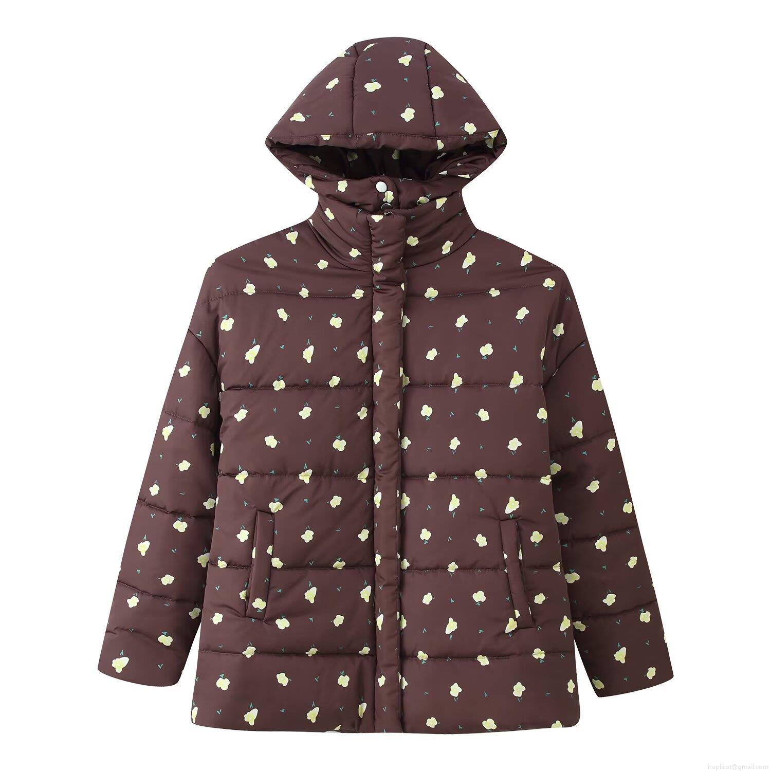 Women Floral Printed Hooded Padded Jacket Polyester Quilted Warm Winter Coat Loose Streetwear Outerwear For Autumn Winter Long Sleeve Zipper Up Puffer Jacket
