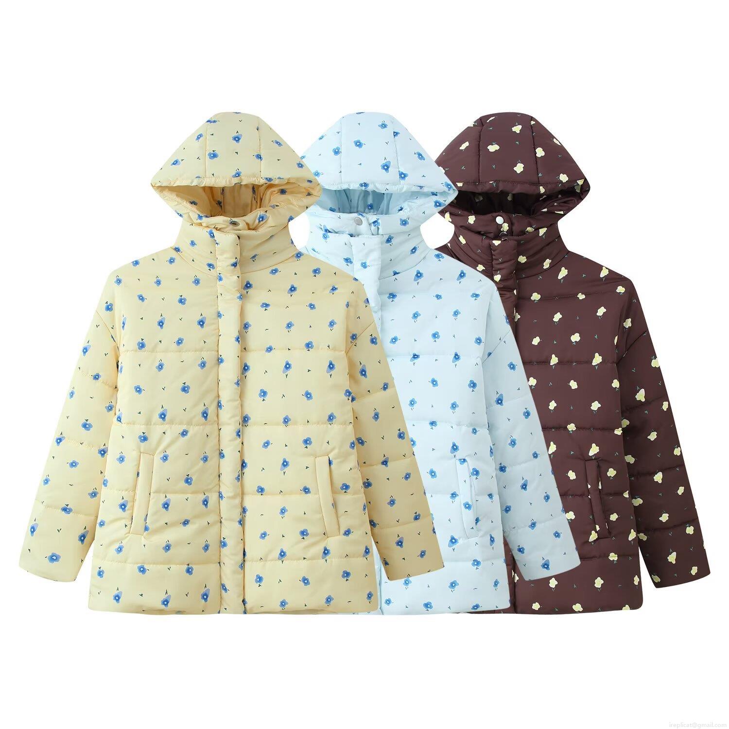 Women Floral Printed Hooded Padded Jacket Polyester Quilted Warm Winter Coat Loose Streetwear Outerwear For Autumn Winter Long Sleeve Zipper Up Puffer Jacket