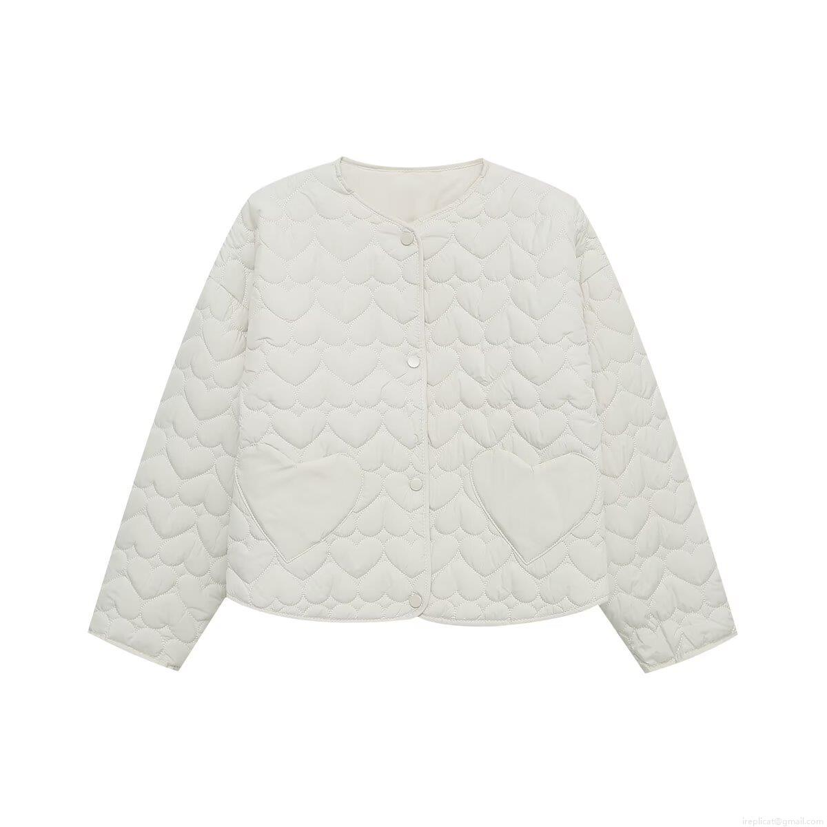 Women's Fashion Heart Quilted Padded Jacket Round Neck Long Sleeve Button Up Short Coat Polyester Padded Winter Warm Streetwear Outwear For Ladies
