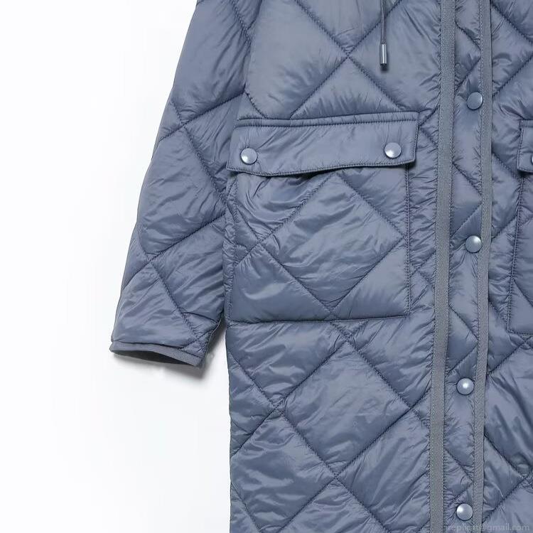Women's Fashion Long Hooded Quilted Padded Jacket 100% Polyester Diamond Quilt Warm Winter Coat Casual Loose Outerwear With Pockets For Women