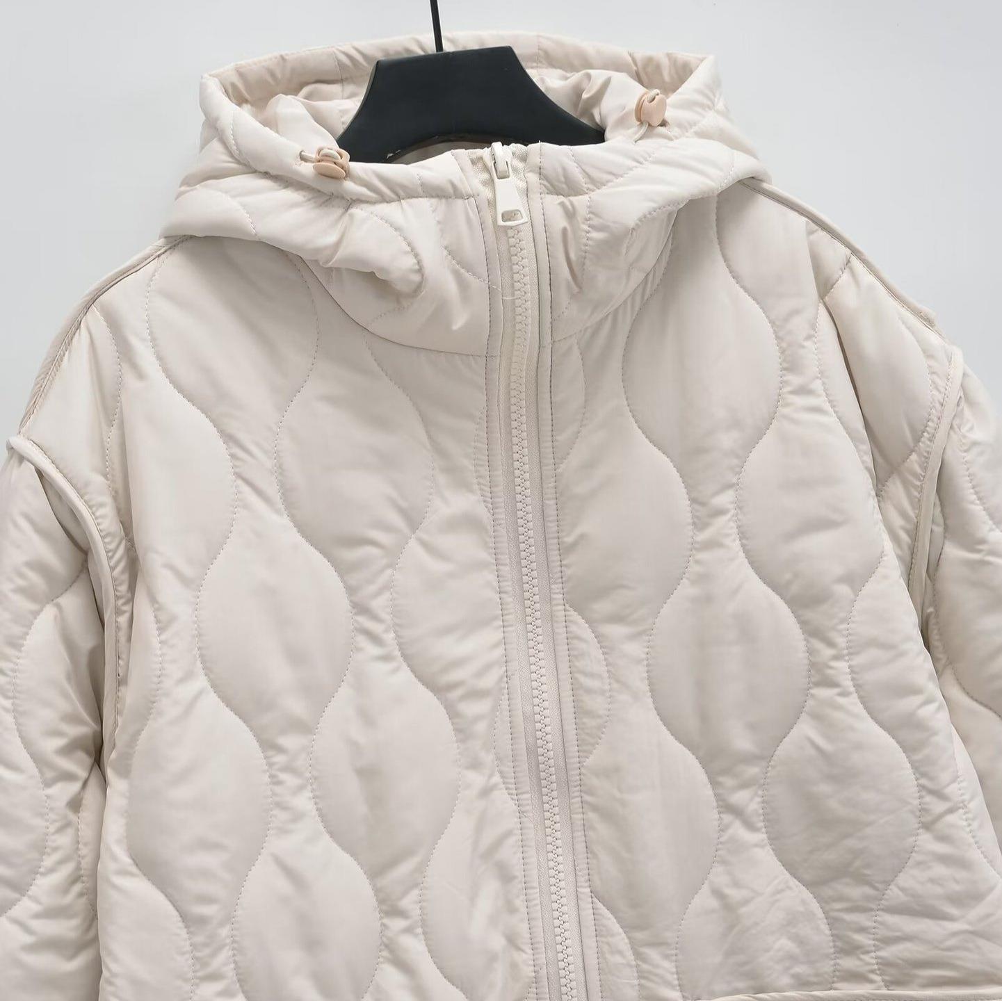 Women's Casual Hooded Padded Jacket Long Loose Wavy Quilted Polyester Winter Coat With Zipper And Large Pockets Warm Outerwear