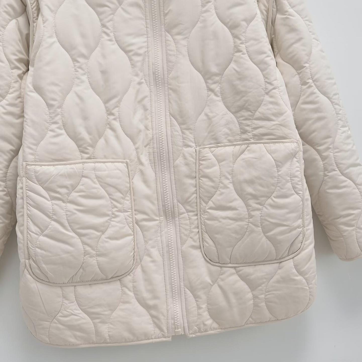 Women's Casual Hooded Padded Jacket Long Loose Wavy Quilted Polyester Winter Coat With Zipper And Large Pockets Warm Outerwear