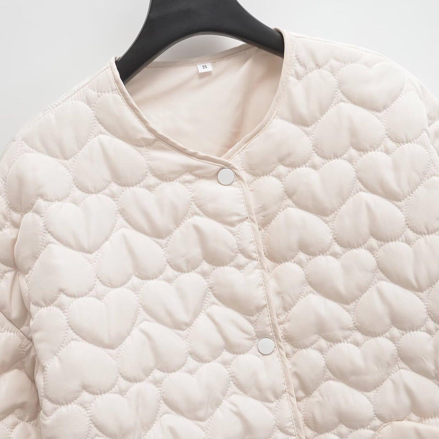 Women's Heart Quilted Jacket 100% Polyester Round Neck Long Sleeve Cotton Padded Coat With Heart Pockets Casual Warm Winter Outerwear