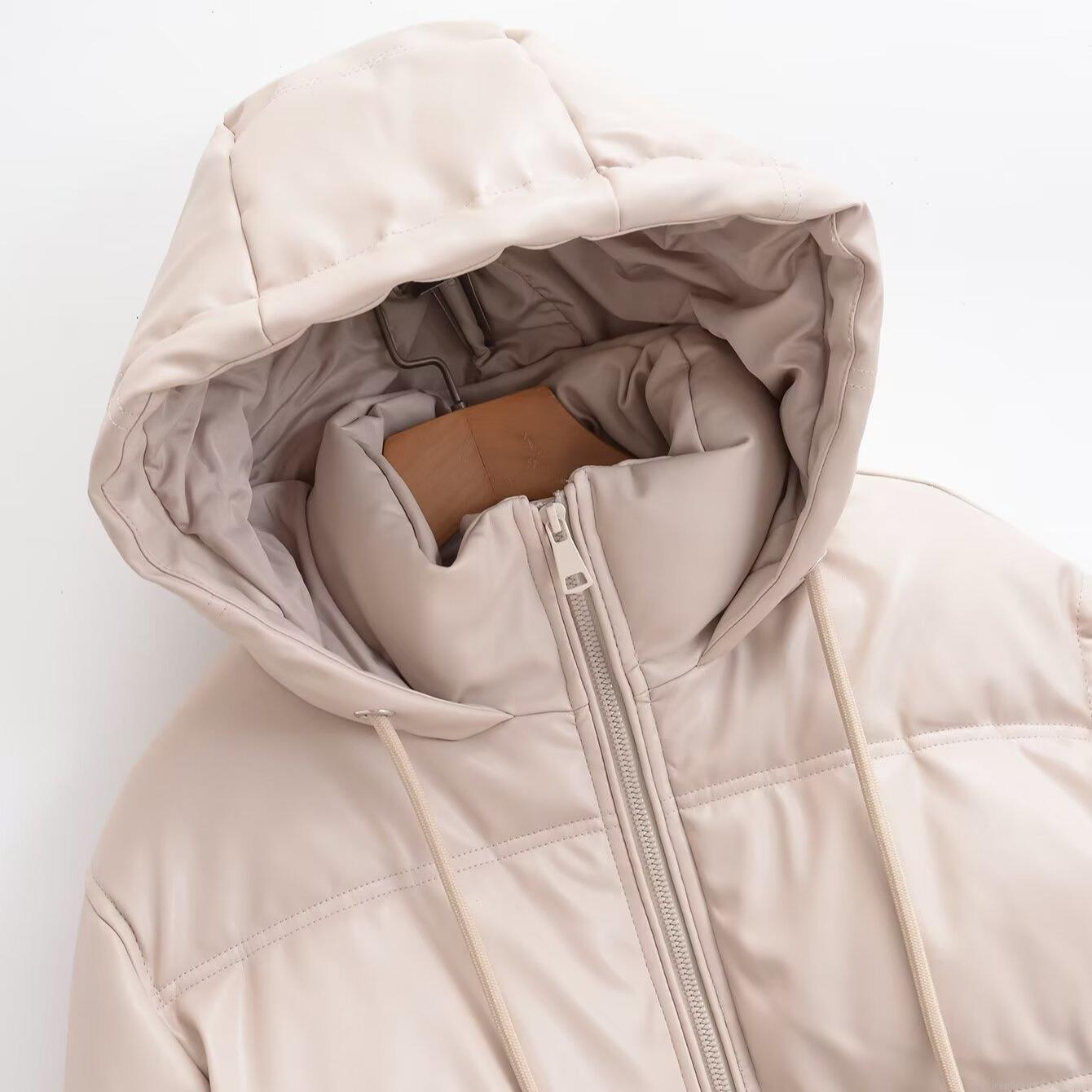 Women Hooded PU Leather Puffer Jacket Quilted Warm Winter Coat Zip Up Windproof Short Parka Casual Solid Outwear for Ladies