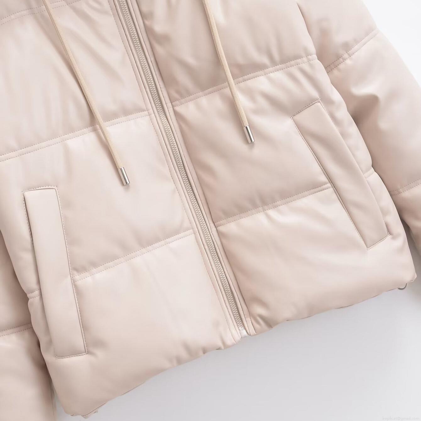 Women Hooded PU Leather Puffer Jacket Quilted Warm Winter Coat Zip Up Windproof Short Parka Casual Solid Outwear for Ladies