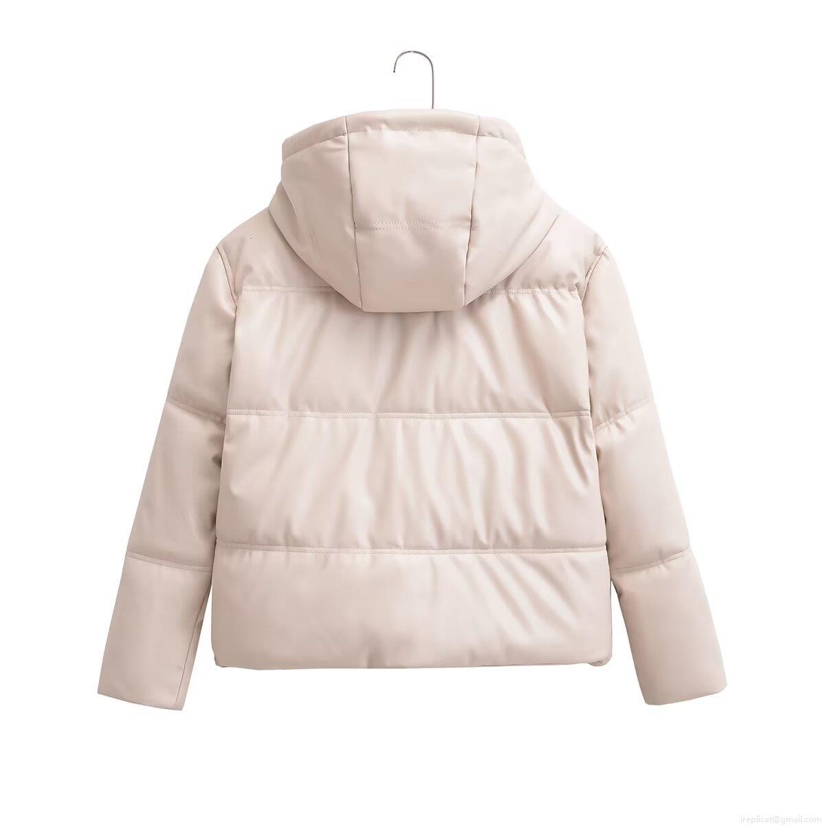 Women Hooded PU Leather Puffer Jacket Quilted Warm Winter Coat Zip Up Windproof Short Parka Casual Solid Outwear for Ladies