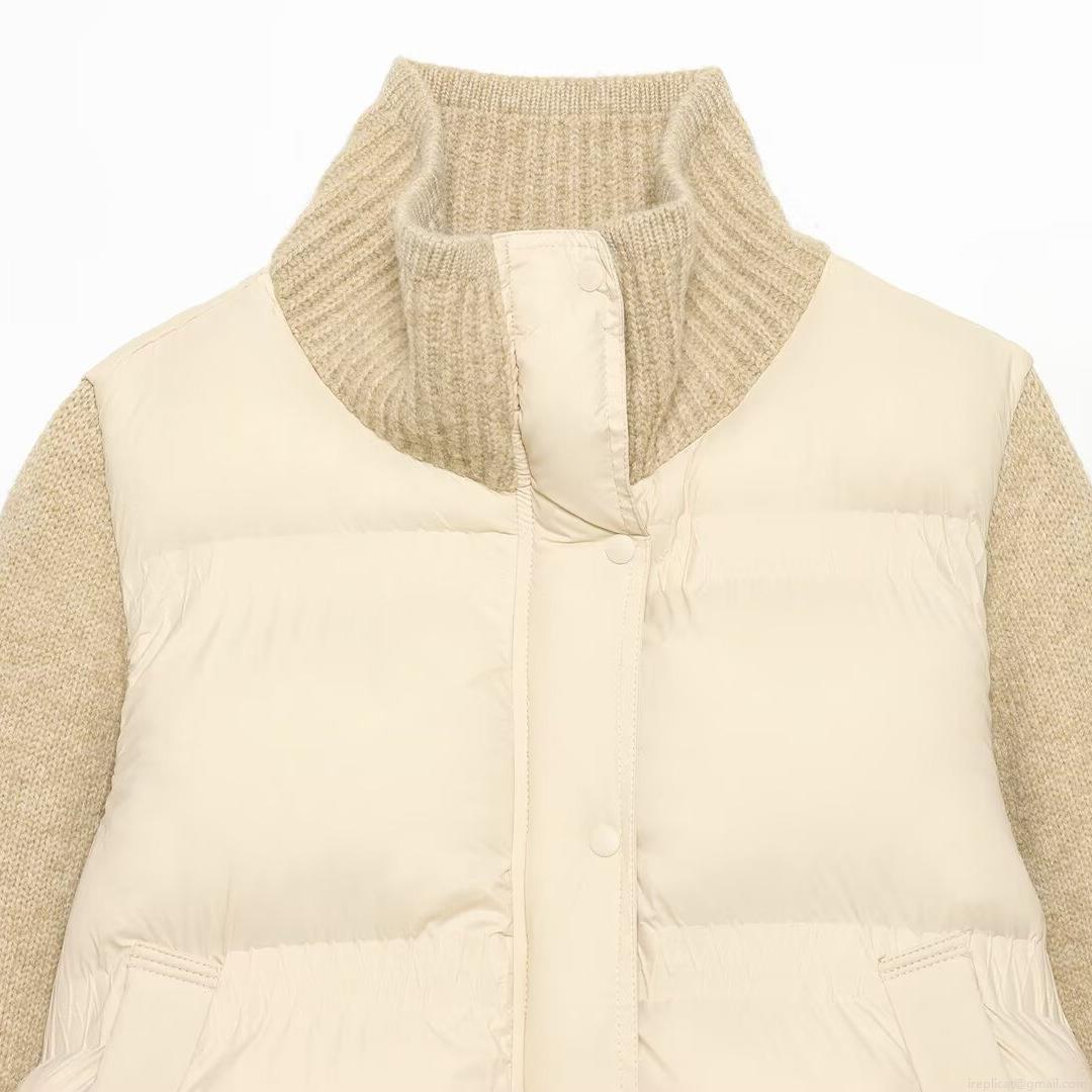 Women's Fashion Knitted Patchwork Padded Jacket Stand Collar Quilted Zip Up Winter Warm Coat Casual Oatmeal Grey Long Sleeve Outerwear
