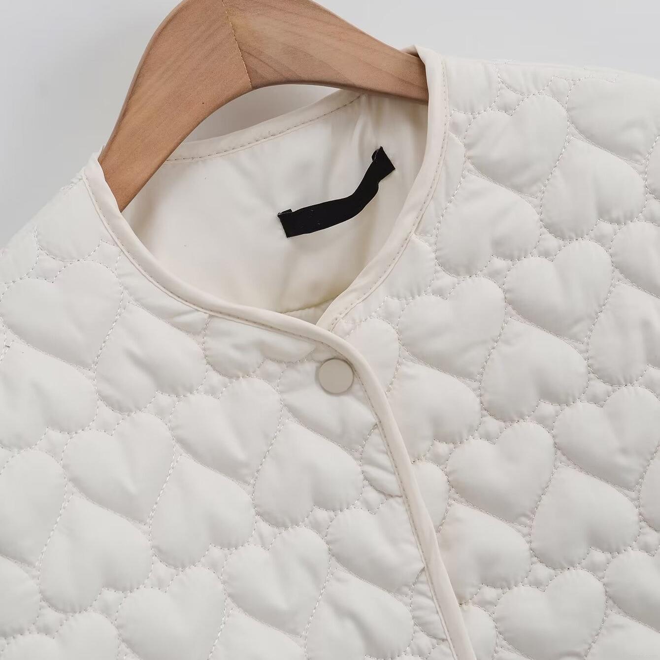 Women Fashion Heart Quilted Padded Jacket Lightweight Polyester Cotton Filling Coat Autumn Casual Loose Round Neck Single Breasted Outerwear For Lady