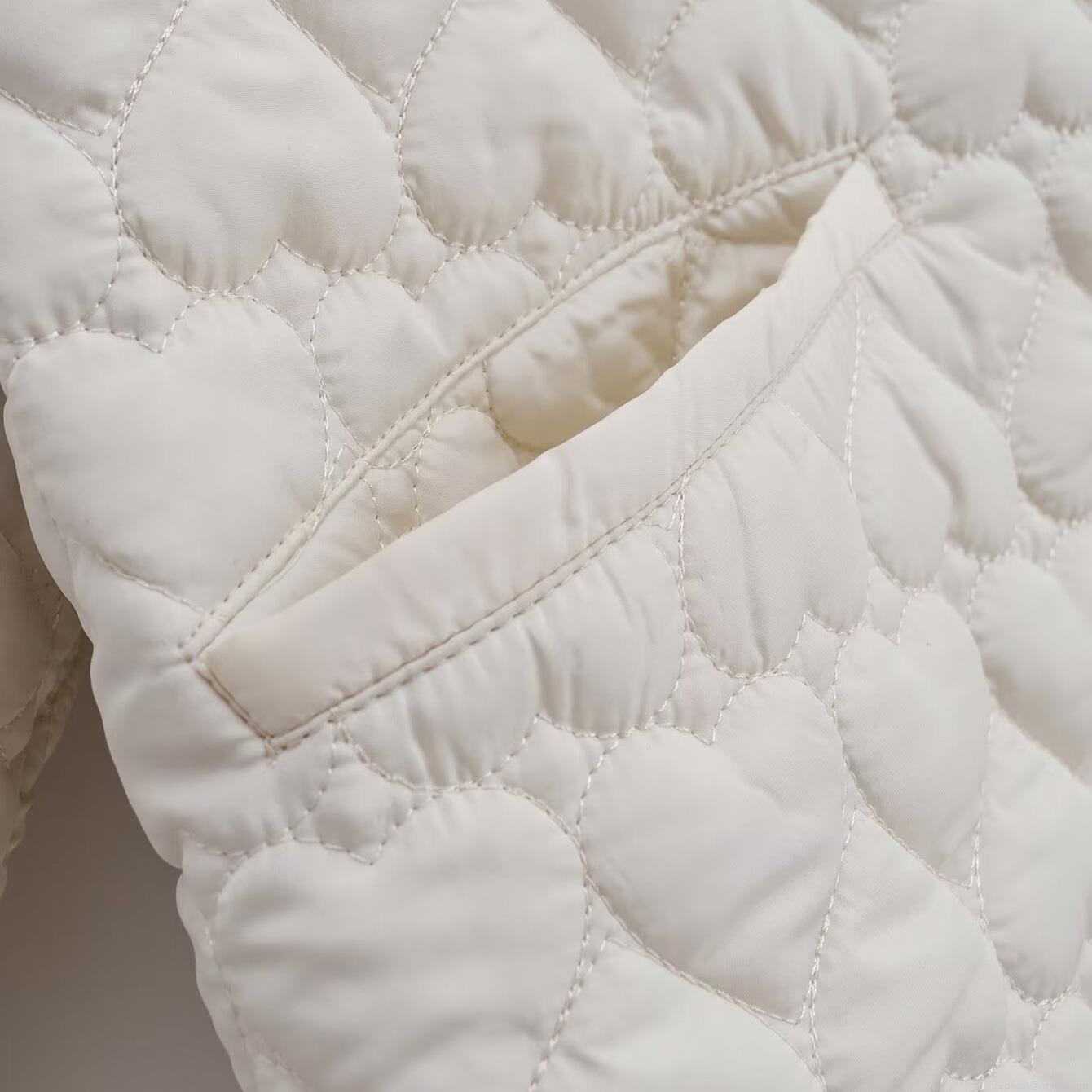 Women Fashion Heart Quilted Padded Jacket Lightweight Polyester Cotton Filling Coat Autumn Casual Loose Round Neck Single Breasted Outerwear For Lady