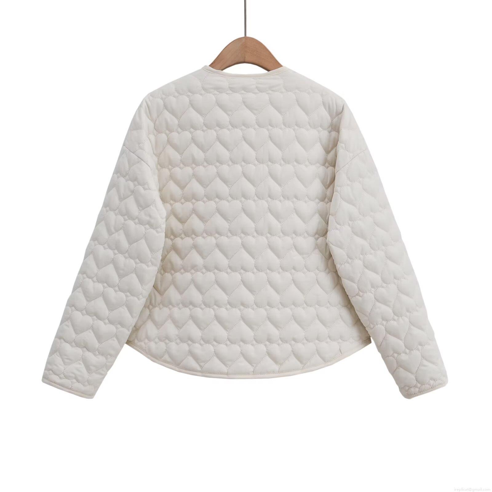 Women Fashion Heart Quilted Padded Jacket Lightweight Polyester Cotton Filling Coat Autumn Casual Loose Round Neck Single Breasted Outerwear For Lady