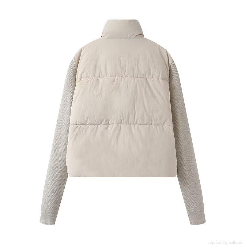 Women's Winter Casual Knit Patchwork Padded Jacket Stand Collar Windproof Warm Cotton Puffer Coat Fashion Beige Black Outerwear For Ladies