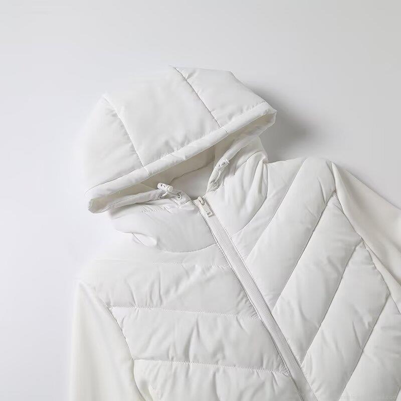 Women's Slim Fit Hooded Puffer Jacket 100% Polyester Quilted Padded Coat with V-Shape Stitching Warm Long Sleeve Winter Outerwear for Daily Casual Wear