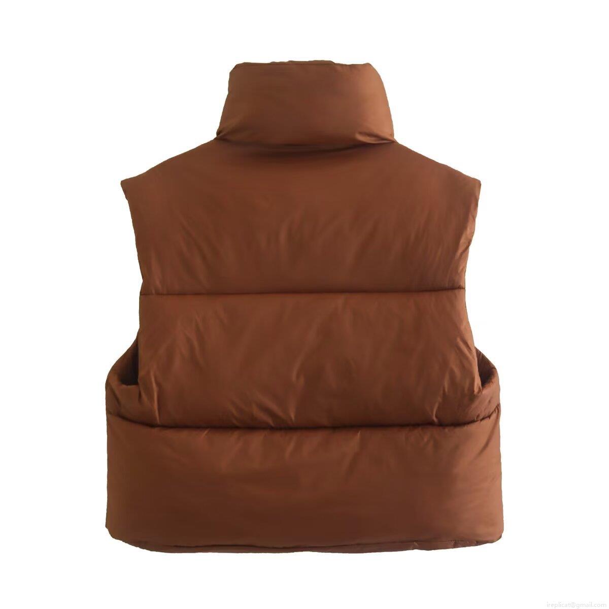 Women's Casual Cropped Puffer Vest Stand Collar Quilted Sleeveless Jacket With Zipper Pockets Drawcord Hem Solid Color Warm Winter Vest