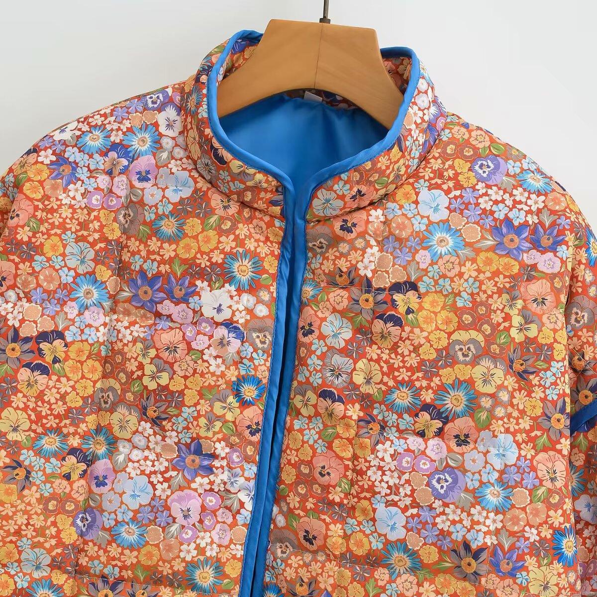 Women Vintage Floral Quilted Puffer Jacket Loose Standing Collar Polyester Padded Coat With Silk Cotton Filling Warm Winter Outerwear For Ladies