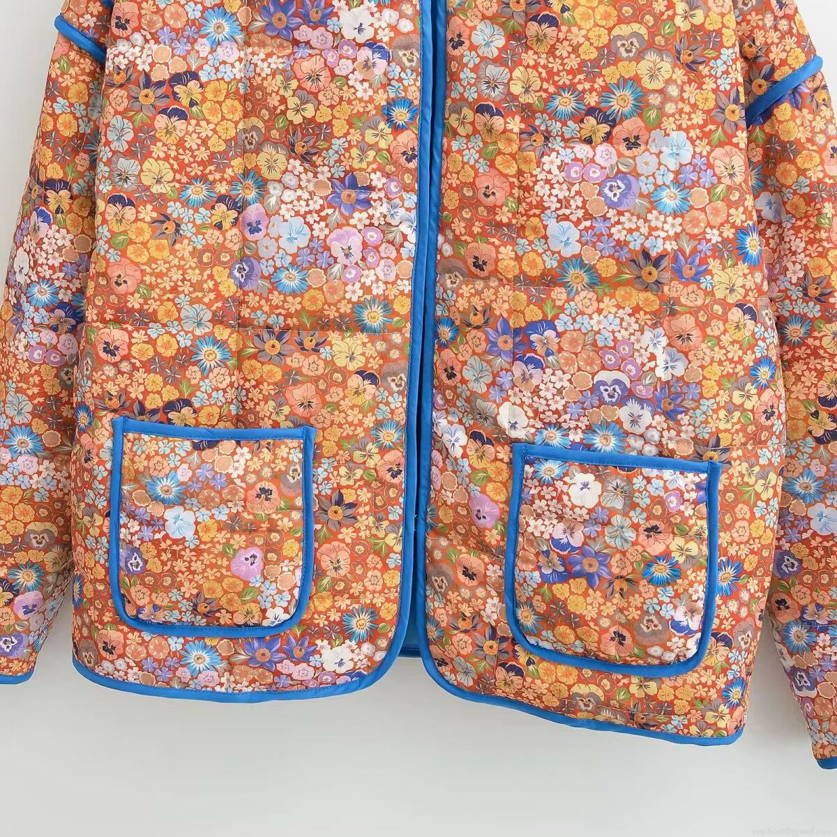 Women Vintage Floral Quilted Puffer Jacket Loose Standing Collar Polyester Padded Coat With Silk Cotton Filling Warm Winter Outerwear For Ladies