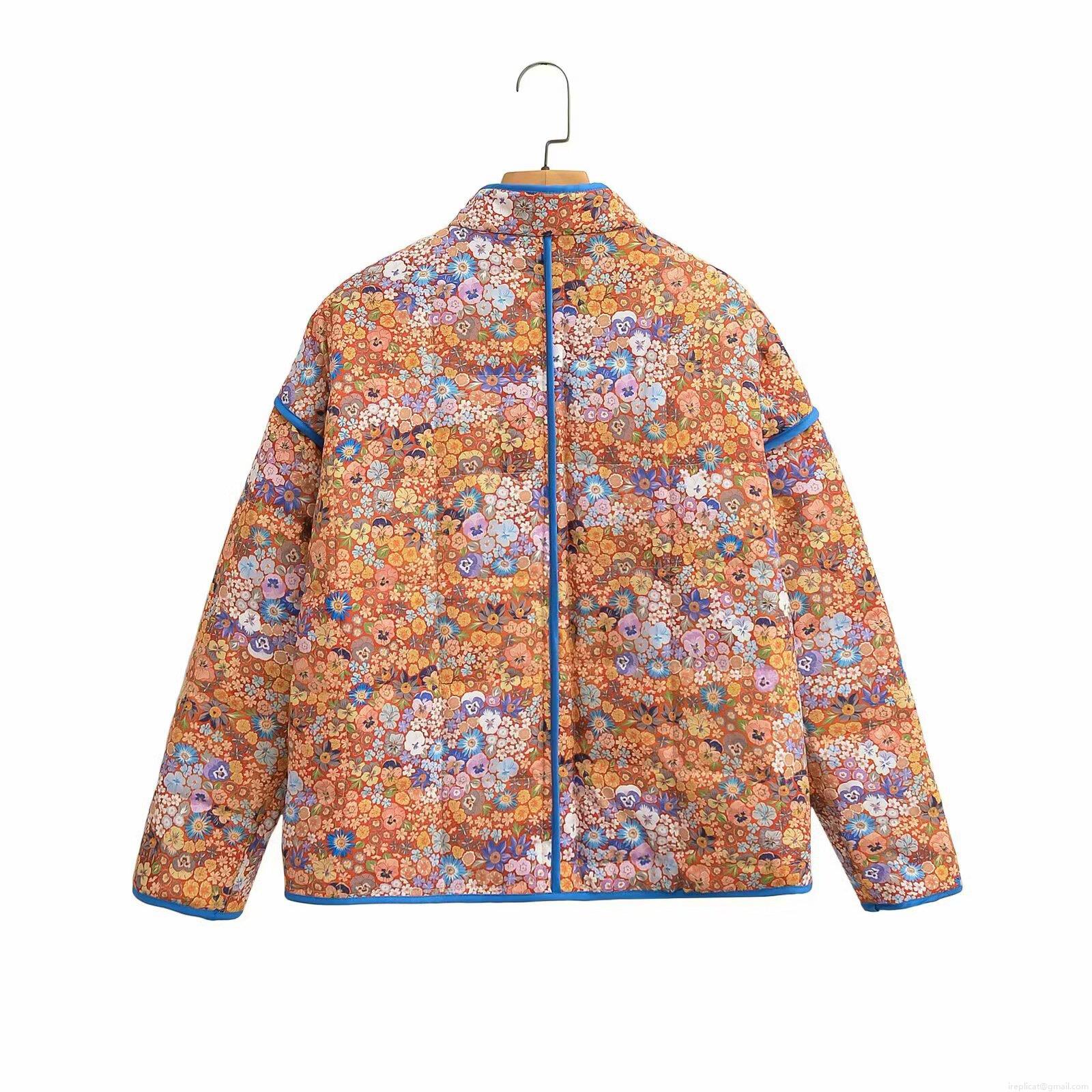 Women Vintage Floral Quilted Puffer Jacket Loose Standing Collar Polyester Padded Coat With Silk Cotton Filling Warm Winter Outerwear For Ladies