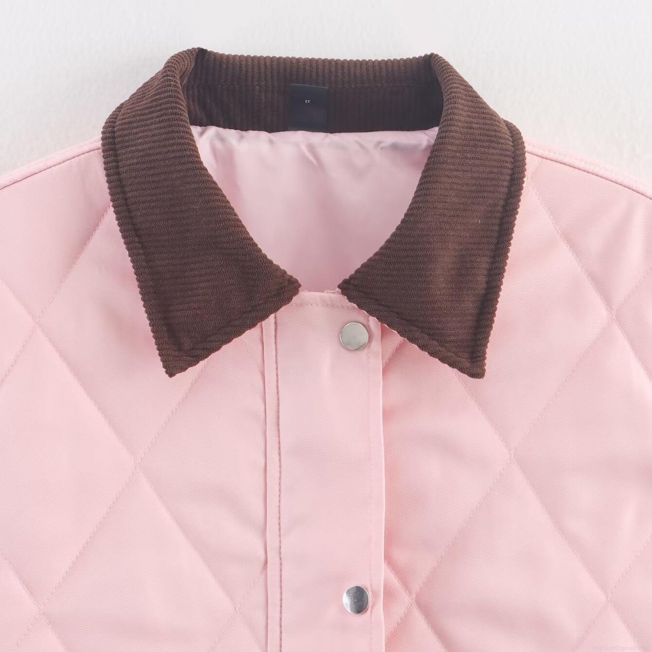 Women's Pink Diamond Quilted Jacket With Brown Corduroy Collar Fashion Thickened Nylon Padded Outerwear Long Sleeve Casual Coat For Autumn Winter