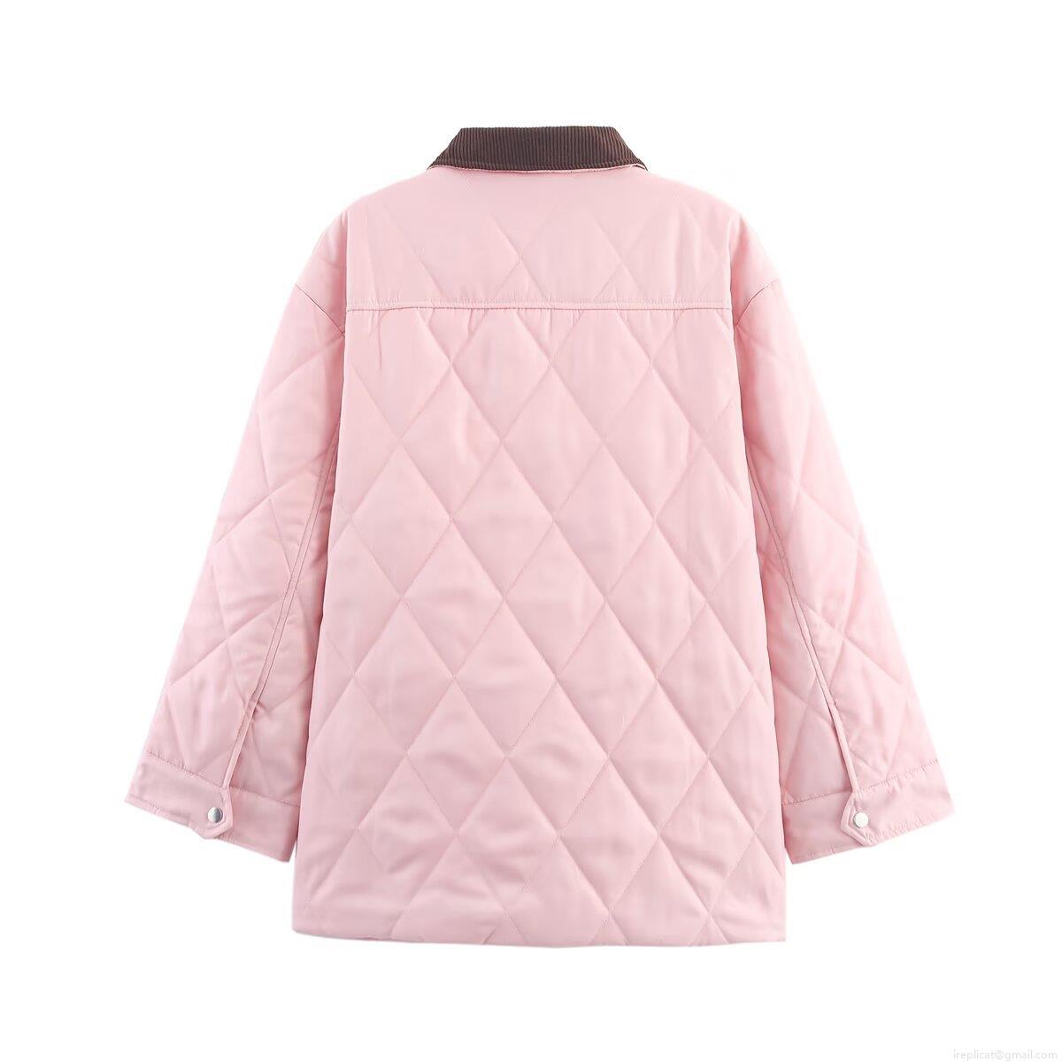 Women's Pink Diamond Quilted Jacket With Brown Corduroy Collar Fashion Thickened Nylon Padded Outerwear Long Sleeve Casual Coat For Autumn Winter