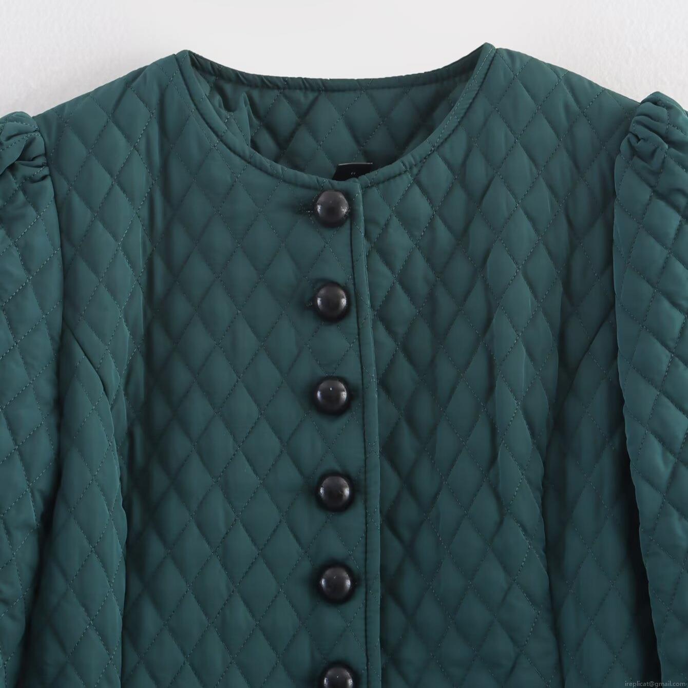 Women Long Quilted Padded Coat Dark Green Rhombus Pattern Single Breasted Round Neck Winter Warm Jacket Casual Fashion Outdoor Maxi Outerwear Polyester