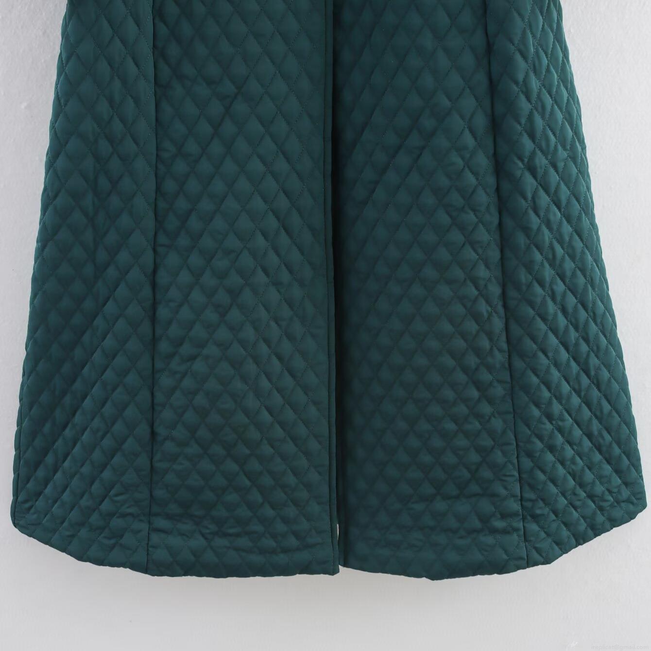 Women Long Quilted Padded Coat Dark Green Rhombus Pattern Single Breasted Round Neck Winter Warm Jacket Casual Fashion Outdoor Maxi Outerwear Polyester
