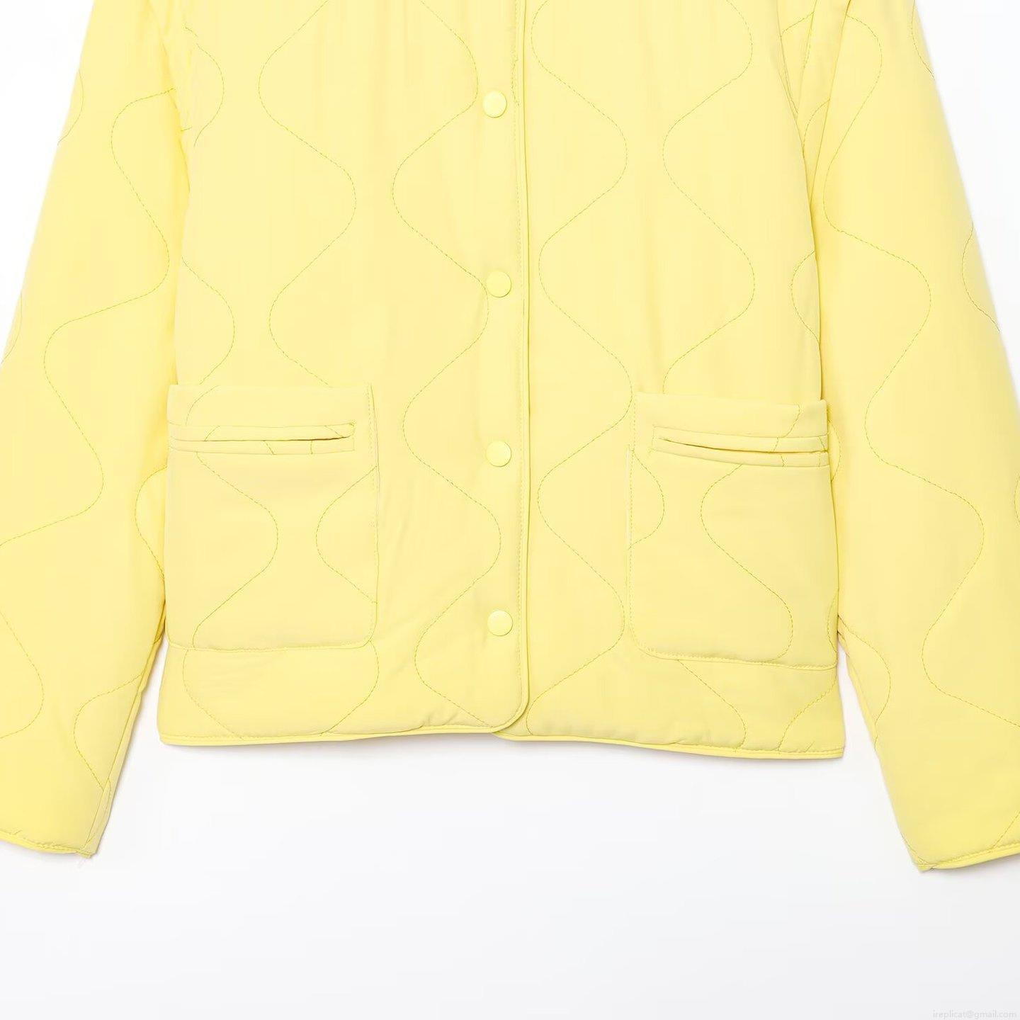 Women's Casual Wave Quilted Padded Jacket Loose Round Neck Long Sleeve Lightweight Cotton Coat With Pockets Yellow Autumn Winter