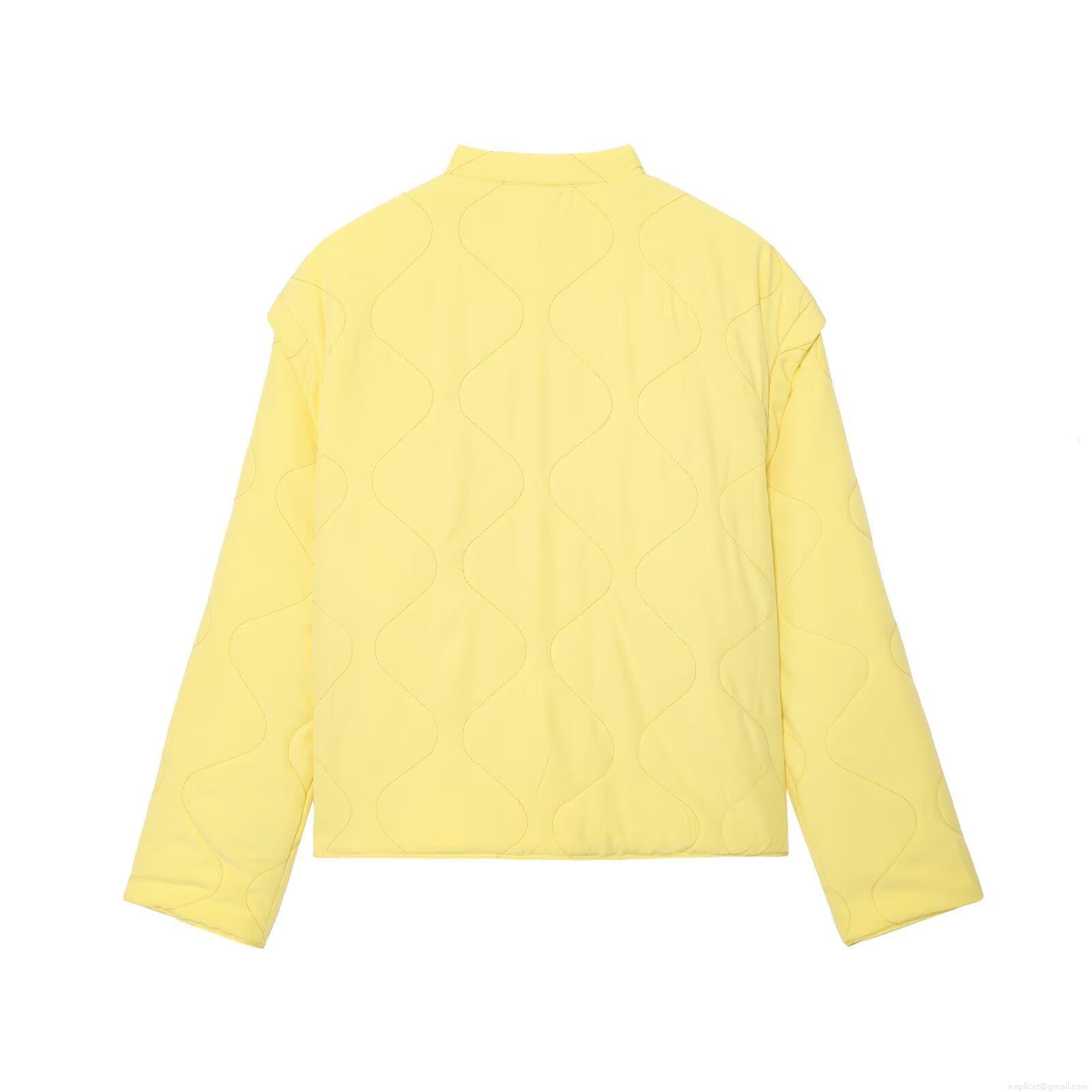 Women's Casual Wave Quilted Padded Jacket Loose Round Neck Long Sleeve Lightweight Cotton Coat With Pockets Yellow Autumn Winter