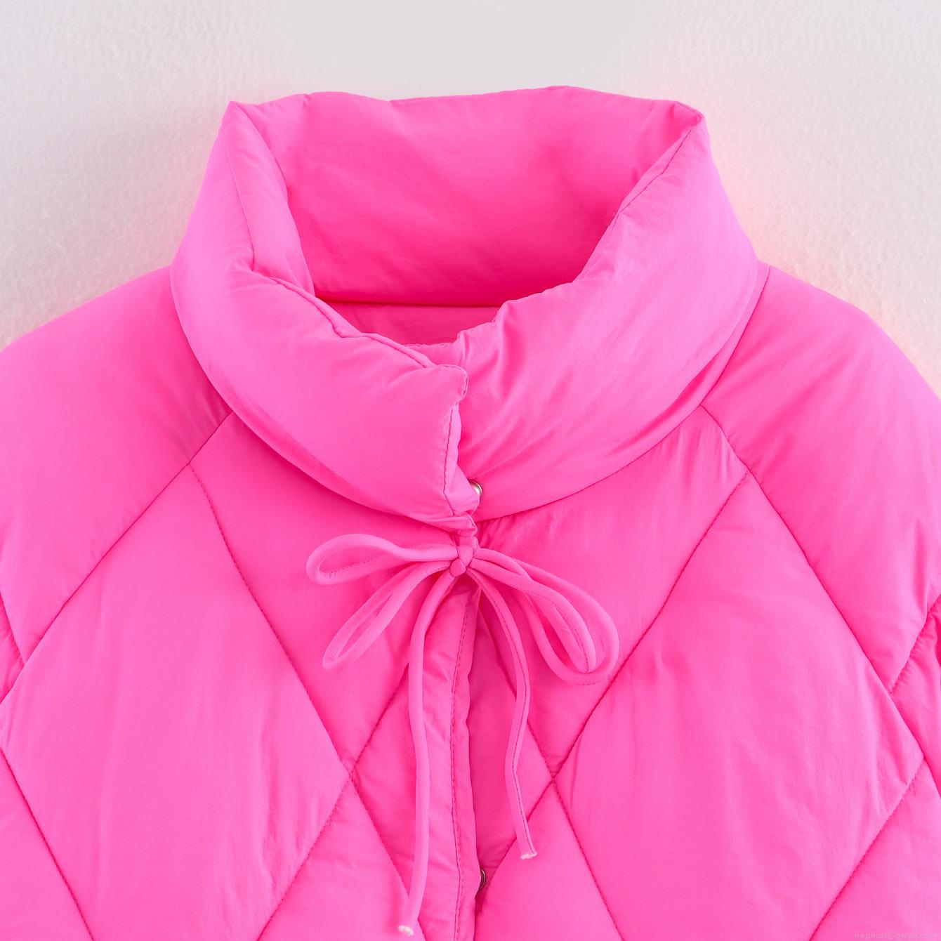 Women Sweet Pink Rhombus Quilted Padded Jacket Fashion Stand Collar Bow Tie Decoration Loose Short Winter Cotton Coat For Daily Wear