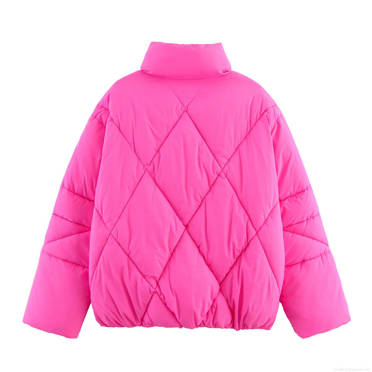 Women Sweet Pink Rhombus Quilted Padded Jacket Fashion Stand Collar Bow Tie Decoration Loose Short Winter Cotton Coat For Daily Wear