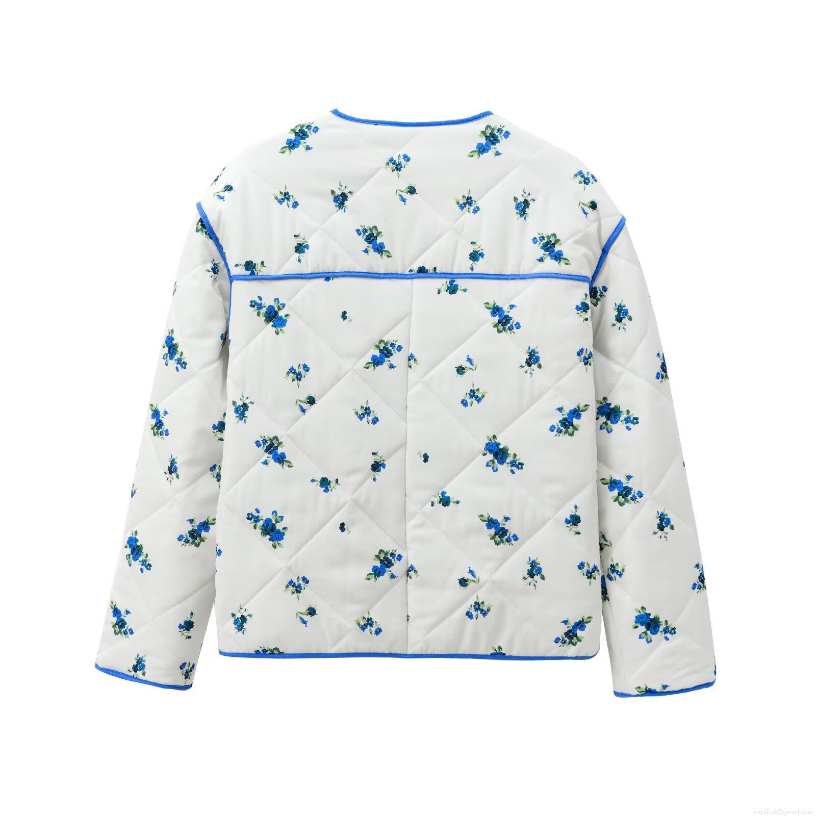 Women's Sweet Floral Quilted Jacket Loose Round Neck Single Breasted Padded Cotton Coat Autumn Winter Warm Outerwear With Pockets For Women