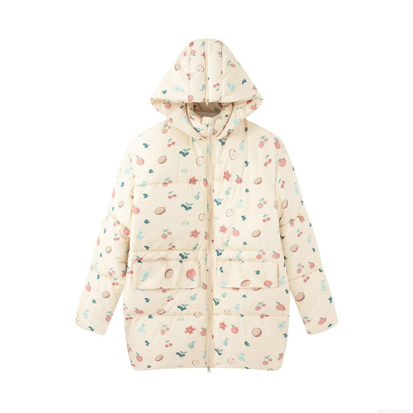 Women's Sweet Floral Hooded Puffer Jacket Warm Cotton Blend Windproof Mid-length Coat Casual Retro Bubble Sleeve Winter Outwear With Large Pockets