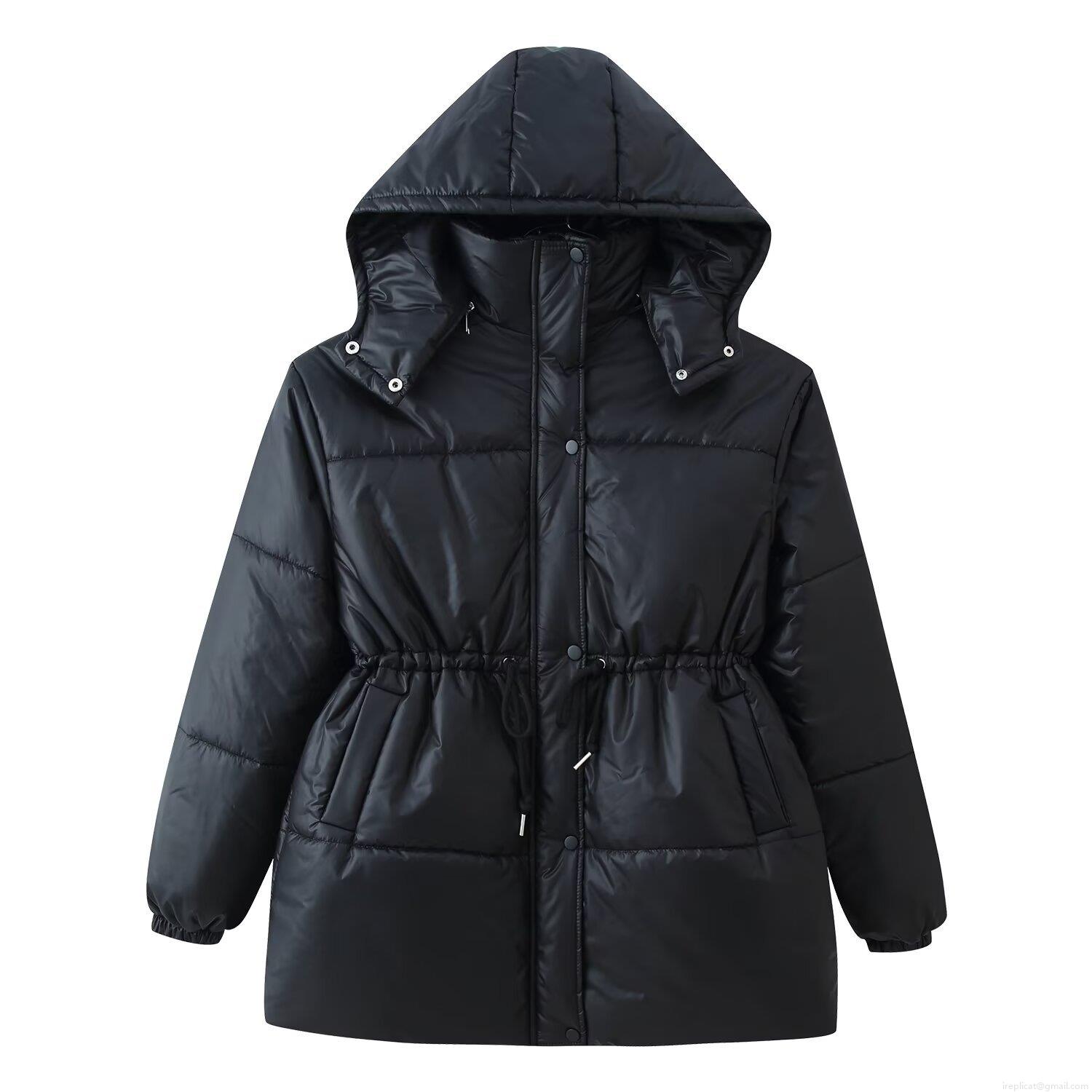 Women's Mid-Length Hooded Puffer Jacket Quilted Cotton-Padded Winter Coat With Drawstring Waist Casual Windproof Outerwear Warm Parka For Ladies